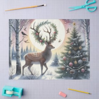 Vintage Deer in Snow Woodland Winter Solstice