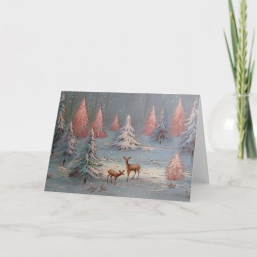 Vintage Deer In Snowy Forest Pink Christmas Trees Holiday Card | Zazzle