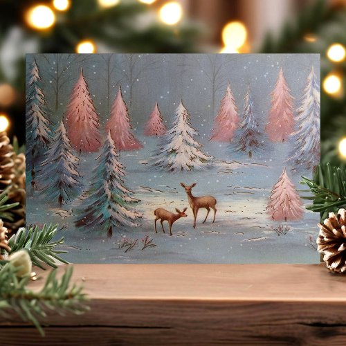 Vintage Deer In Snowy Forest Pink Christmas Trees Holiday Postcard