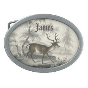 Vintage Deer in Winter Landscape with Name Belt Buckle