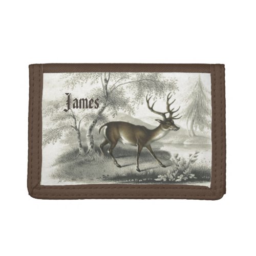 Vintage Deer in Winter Landscape with Name Trifold Wallet