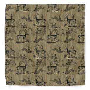 Vintage Deer Pattern on Rustic Woodsy Background Bandana