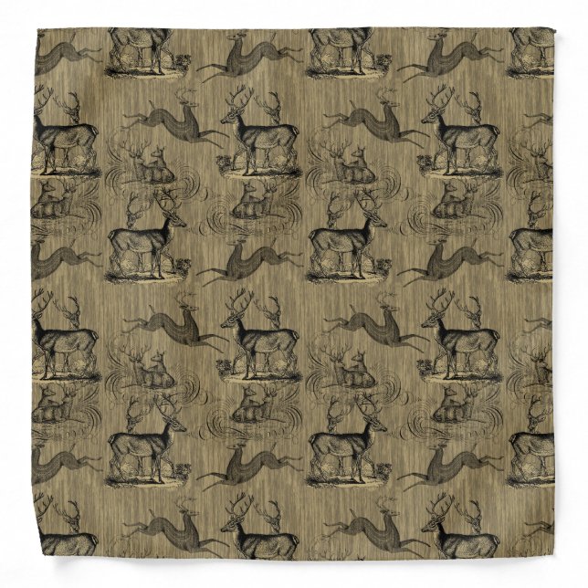 Vintage Deer Pattern on Rustic Woodsy Background Bandana (Front)