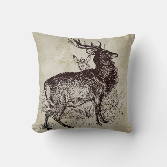 Vintage Deer Scene Throw Pillow (Front)