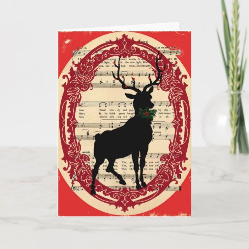 Vintage Deer with Holly Christmas Card