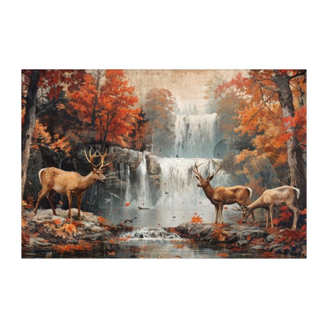 Vintage Deer Woodland Waterfall 36x24 Acrylic Print (Front)