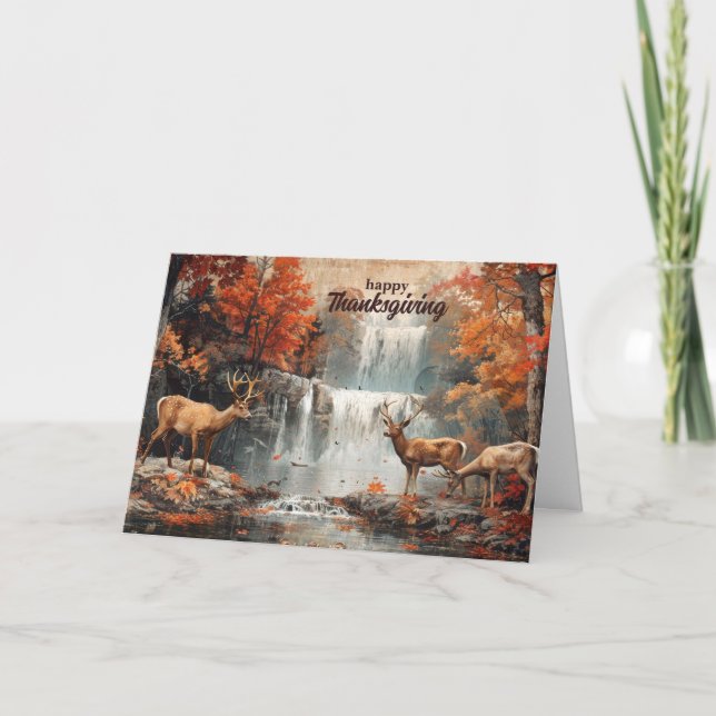 Vintage Deer Woodland Waterfall Thanksgiving Holiday Card (Front)