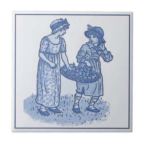 Vintage Delft Blue Art Nouveau Children with Fruit Ceramic Tile