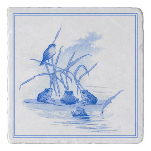 Vintage Delft Blue Art Nouveau Frogs and Bird  Trivet