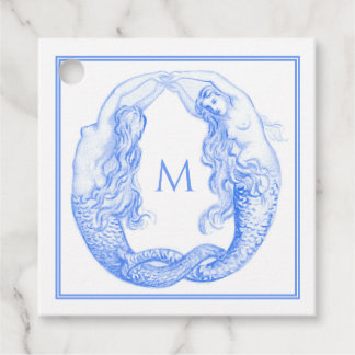 Vintage Delft Blue Art Nouveau Mermaids Monogram Favor Tags