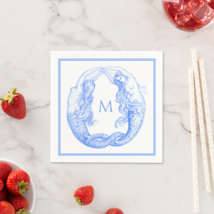 Vintage Delft Blue Art Nouveau Mermaids Monogram Napkins