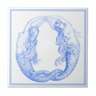 Vintage Delft Blue Art Nouveau Nautical Mermaids Ceramic Tile