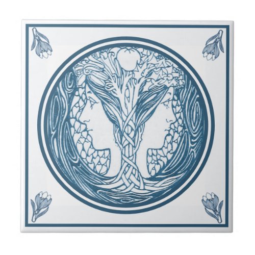 Vintage Delft Blue Art Nouveau Two Women Faces Ceramic Tile