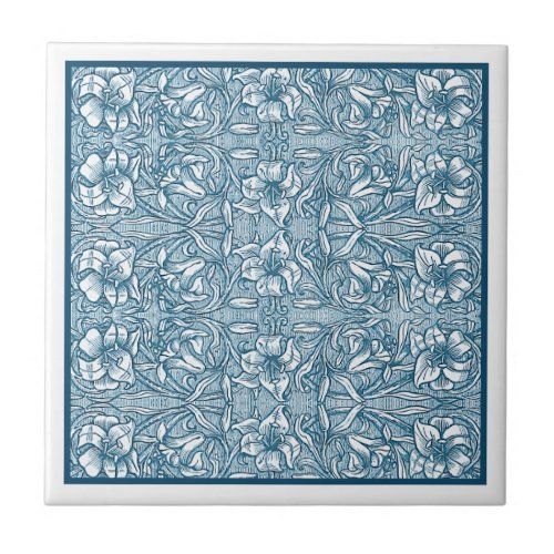 Vintage Delft Blue Botanical Lily Pattern Ceramic Tile