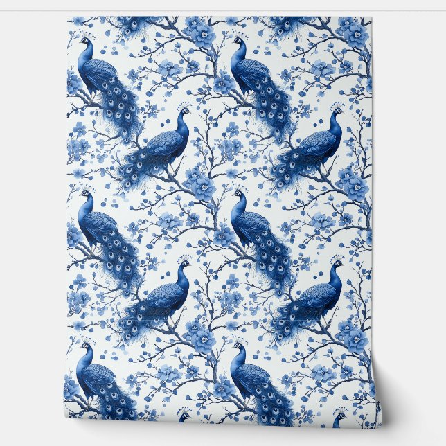 Vintage Delft Blue Dutch Floral Elegant Peacock Wallpaper (Unrolling)