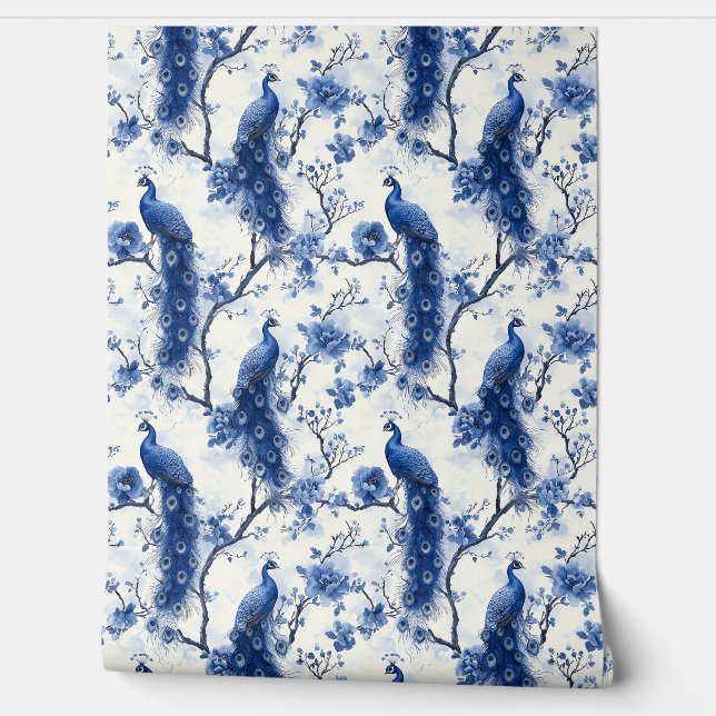 Vintage Delft Blue French Chinoiserie Peacock Wallpaper (Unrolling)