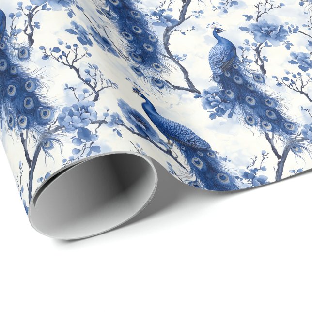 Vintage Delft Blue French Chinoiserie Peacock Wrapping Paper (Roll Corner)