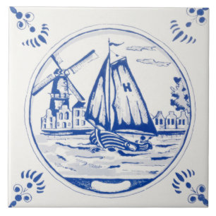 Vintage Delfts Blauw Dutch Windmill Sailboat Ceramic Tile