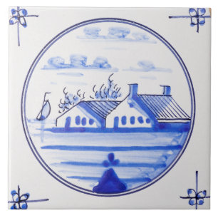 Vintage Delfts Blauw Dutch Windmill Sailboat Ceramic Tile