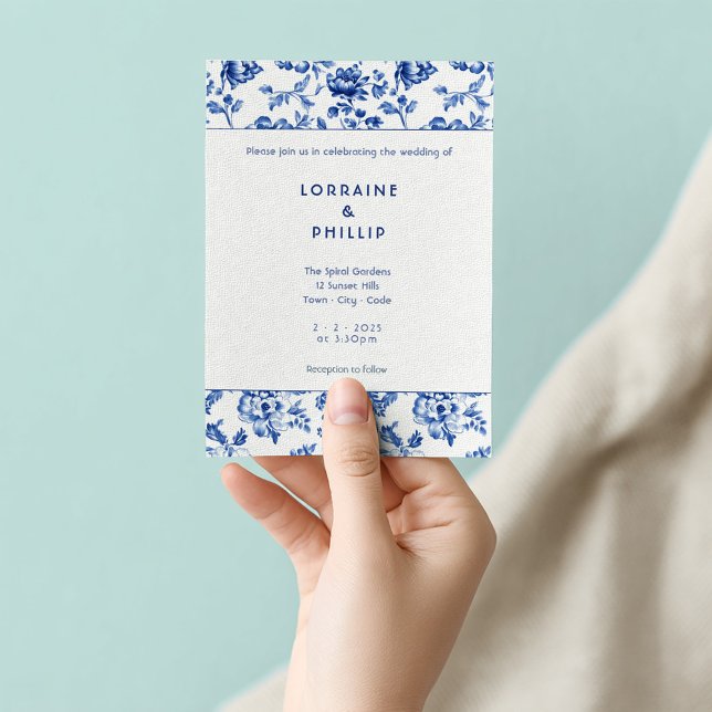 Vintage delftware Floral wedding Invitation (Blue and white delftware wedding invitation)