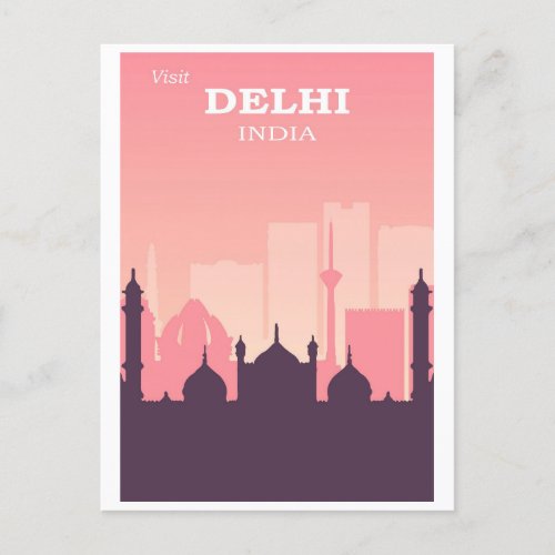 Vintage Delhi India City Skyline Pink Travel Postcard
