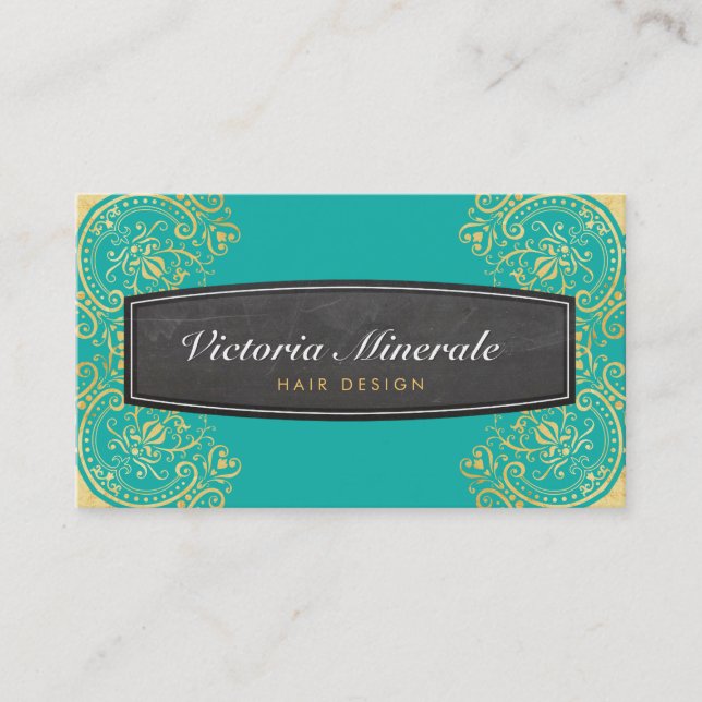 VINTAGE delicate filigree chalkboard jade gold Business Card (Front)