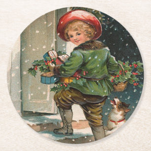 Vintage Delivering Christmas Gifts Round Paper Coaster