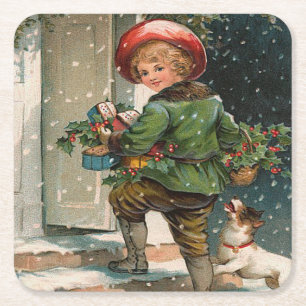 Vintage Delivering Christmas Gifts Square Paper Coaster