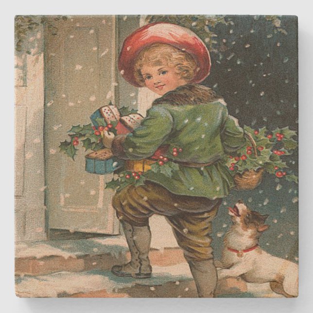 Vintage Delivering Christmas Gifts Stone Coaster (Front)