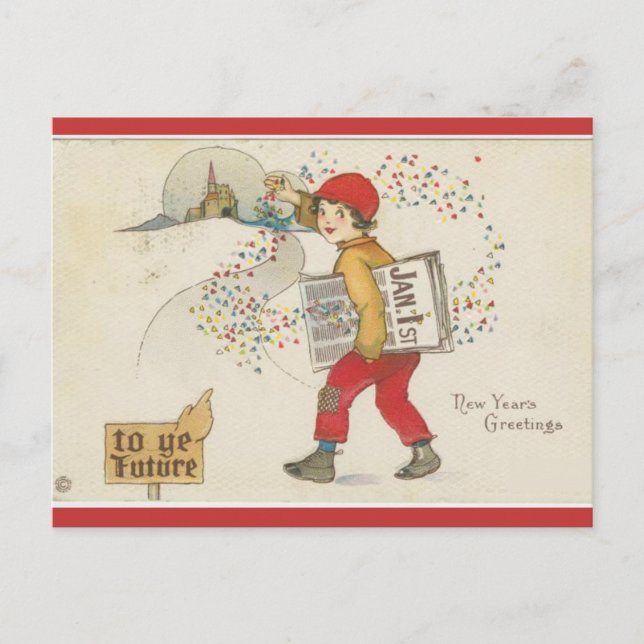 Vintage Delivering Newspapers New Years Day Postcard (Front)