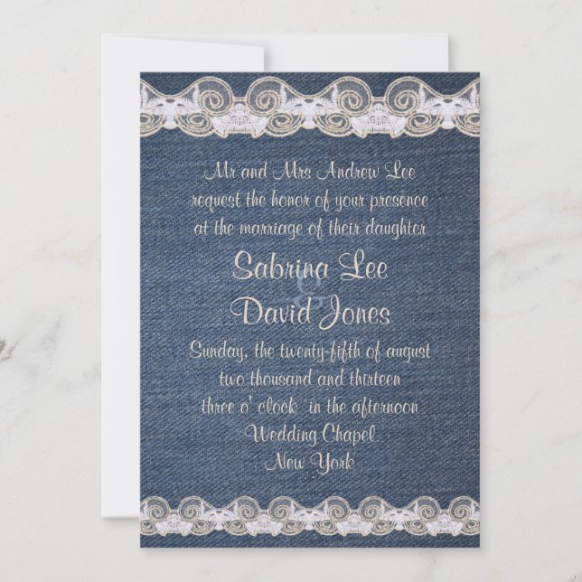 Vintage Denim and Lace Wedding Invitation (Front)