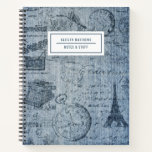 Vintage Denim Eiffel Tower Name Notebook<br><div class="desc">This stylish notebook features a vintage denim design,  including drawings of the Eiffel Tower,  a pocket watch,  typewriter,  postage stamp,  and more. Easy to personalize for any use - a gift,  back to school,  college notebook,  kids,  teens,  moms,  etc!  The back contains the same background design as the front.</div>