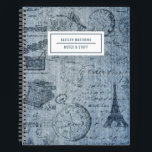 Vintage Denim Eiffel Tower Name Notebook<br><div class="desc">This stylish notebook features a vintage denim design,  including drawings of the Eiffel Tower,  a pocket watch,  typewriter,  postage stamp,  and more. Easy to personalize for any use - a gift,  back to school,  college notebook,  kids,  teens,  moms,  etc!  The back contains the same background design as the front.</div>