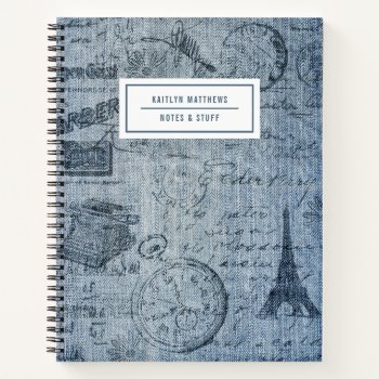Vintage Denim Eiffel Tower Name Notebook by Orabella at Zazzle