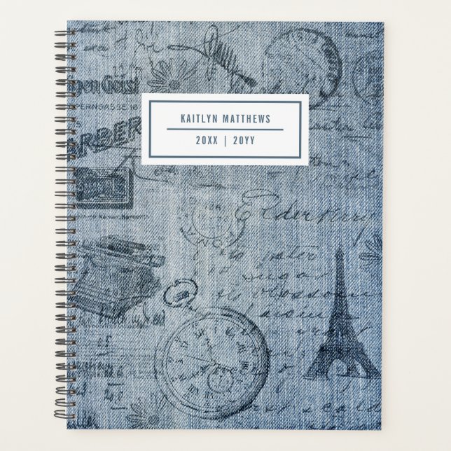 Vintage Denim Eiffel Tower Name Planner (Front)