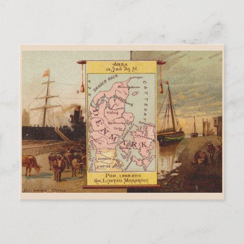 Vintage Denmark 1880s map and vignettes Postcard