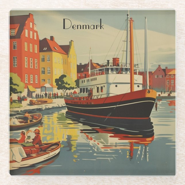 Vintage Denmark Travel Poster Custom Glass Coaster (Front)