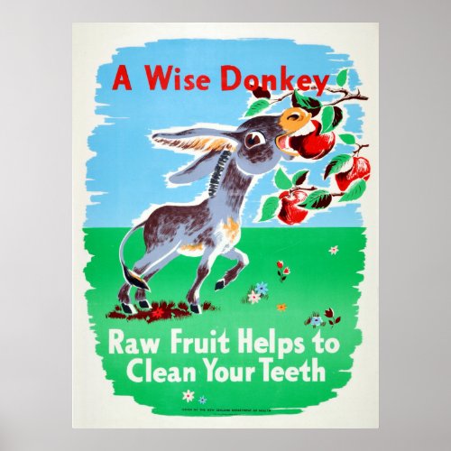 Vintage Dental Raw Fruit Clean Teeth Health Donkey Poster