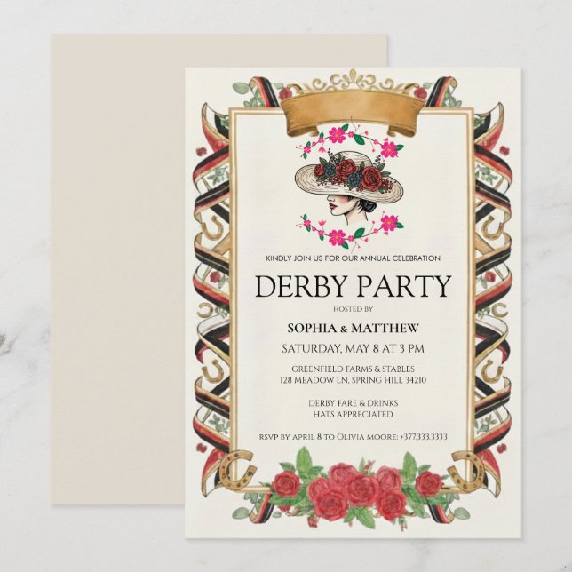 Vintage Derby Party Invitation Floral Horse (Front/Back)