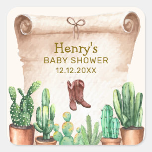Vintage Desert Cactus Cowboy Boots Baby Shower  Square Sticker