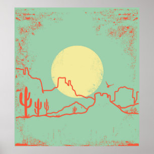 Vintage Desert landscape with Cactuses and Canyon. Poster