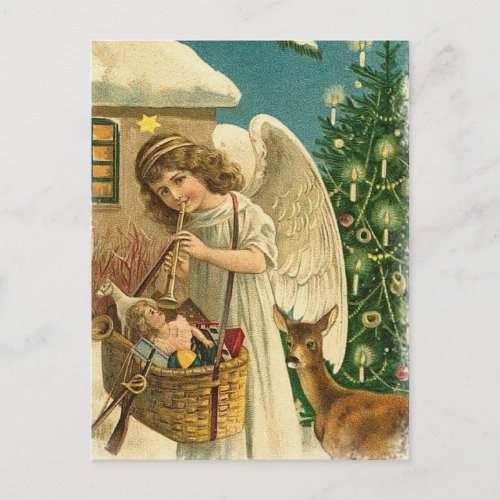 Vintage Design Angel Deer and Christmas Tree Holiday Postcard