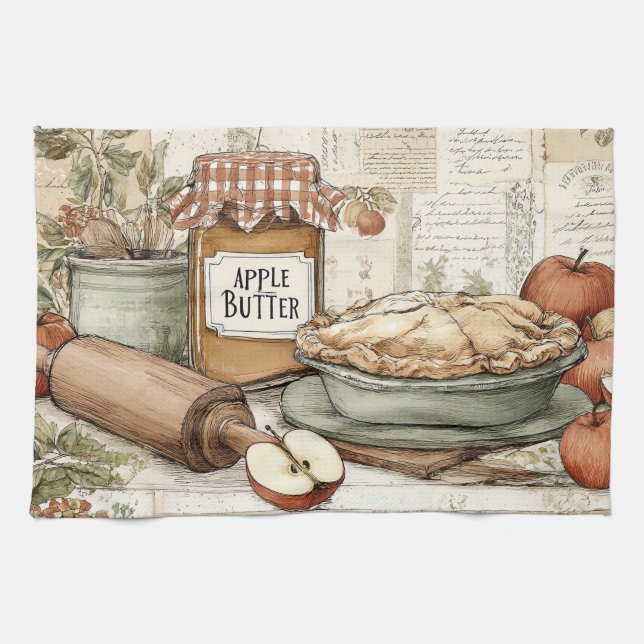 Vintage design Apple butter & Apple pie.  Kitchen Towel (Horizontal)