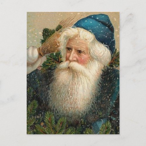 Vintage Design Blue Santa Clause and Snow Holiday Postcard