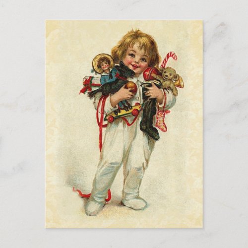 Vintage Design Cute Boy with Christmas Toys Holiday Postcard