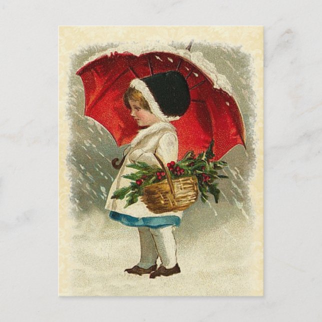 Vintage Design Girl with Christmas Umbrella Holiday Postcard (Front)