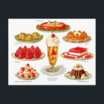 Vintage Desserts Gelatin Possibilities Postcard<br><div class="desc">Vintage Desserts Gelatin Possibilities,  classic vivid illustration of delicious gelatin dessert treats from the 30s!</div>