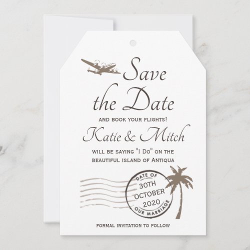 Vintage Destination Luggage Tag Save the Date 2 Invitation