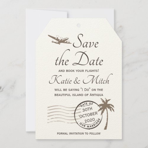 Vintage Destination Luggage Tag Save the Date ecru Invitation