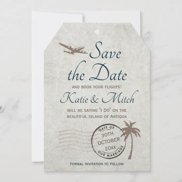 Vintage Destination Luggage Tag Save the Date Invitation | Zazzle